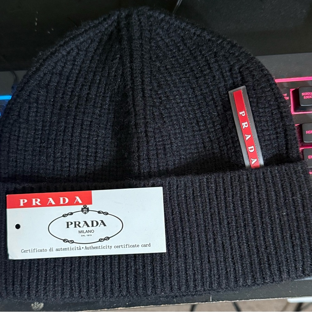 Prada Black Knit Beanie with Logo Tag